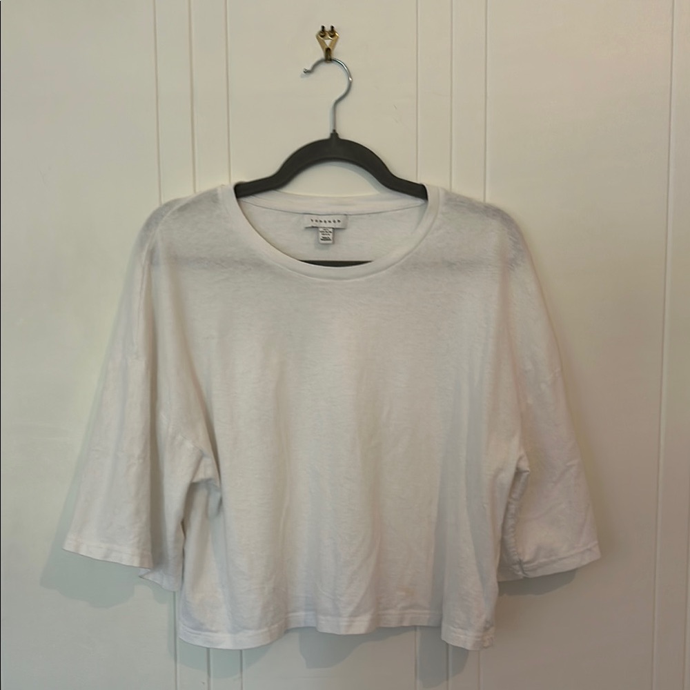 Topshop White Boxy Crop 3/4 Sleeve T-Shirt